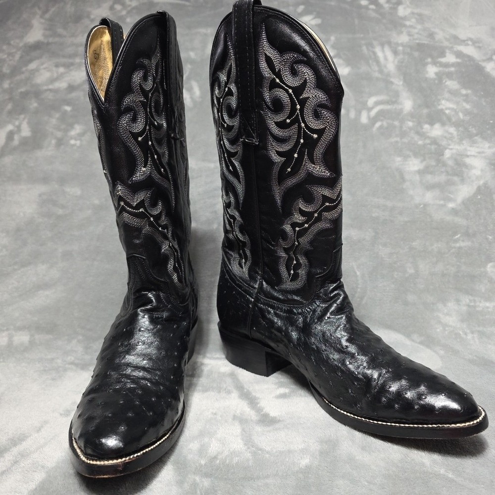 Vintage Circle G Black Ostrich Leather Men's Cowboy Boots Size 8.5 D EXC Country - Picture 7 of 10